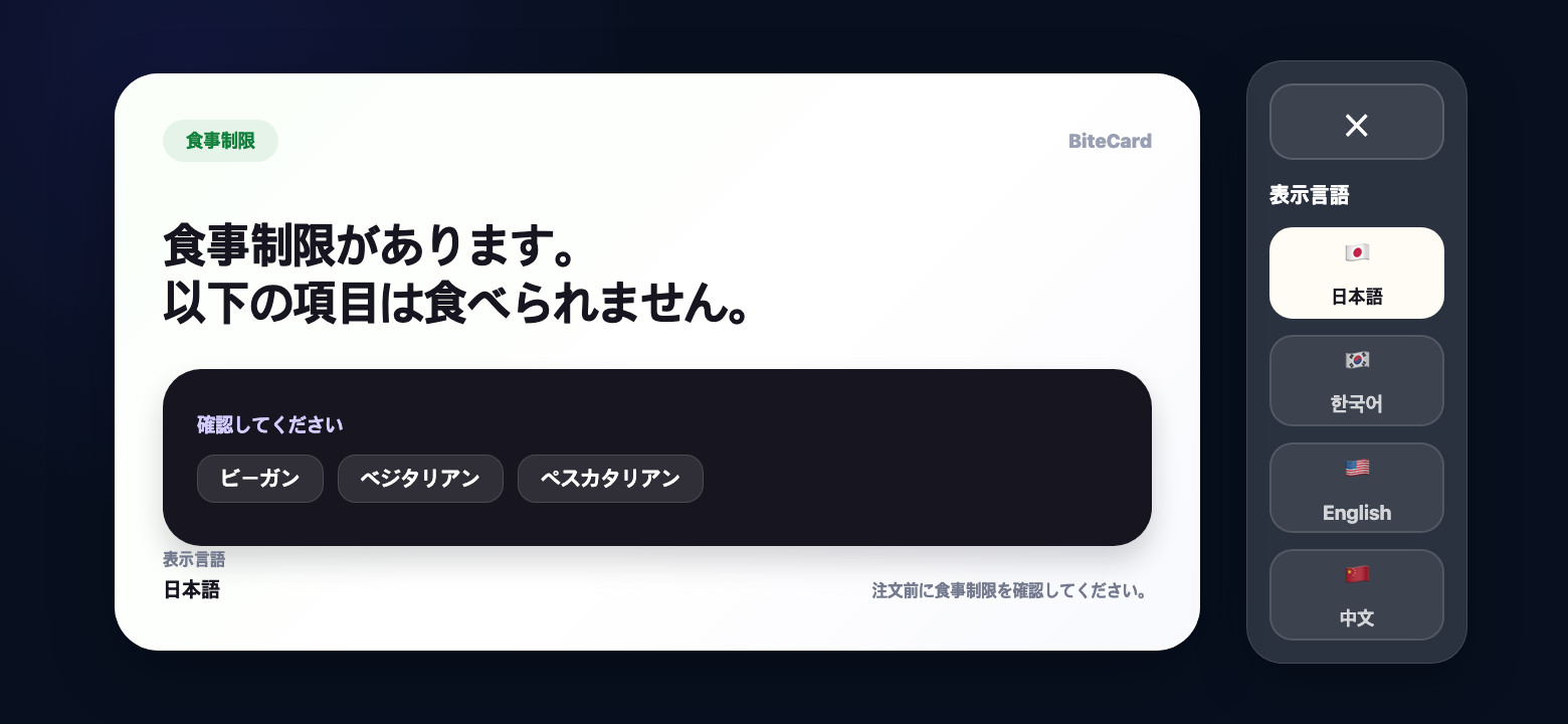 BiteCard Japanese diet card confirmation screen